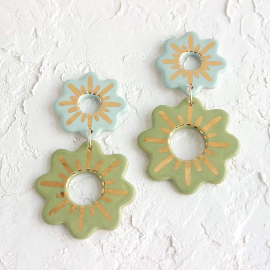 Accessories Quiet Clementine | Sage Gold Cutout Flower Ceramic Statement Earrings